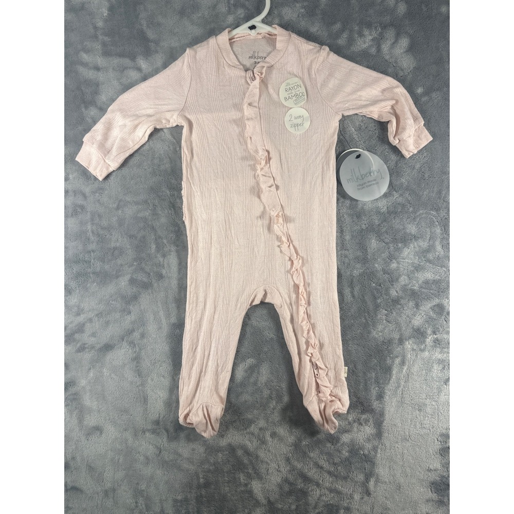 Milkberry Pink‎ Bamboo Pointelle Ruffle Footed Sleeper 2-Way Zipper 3-6M NWT